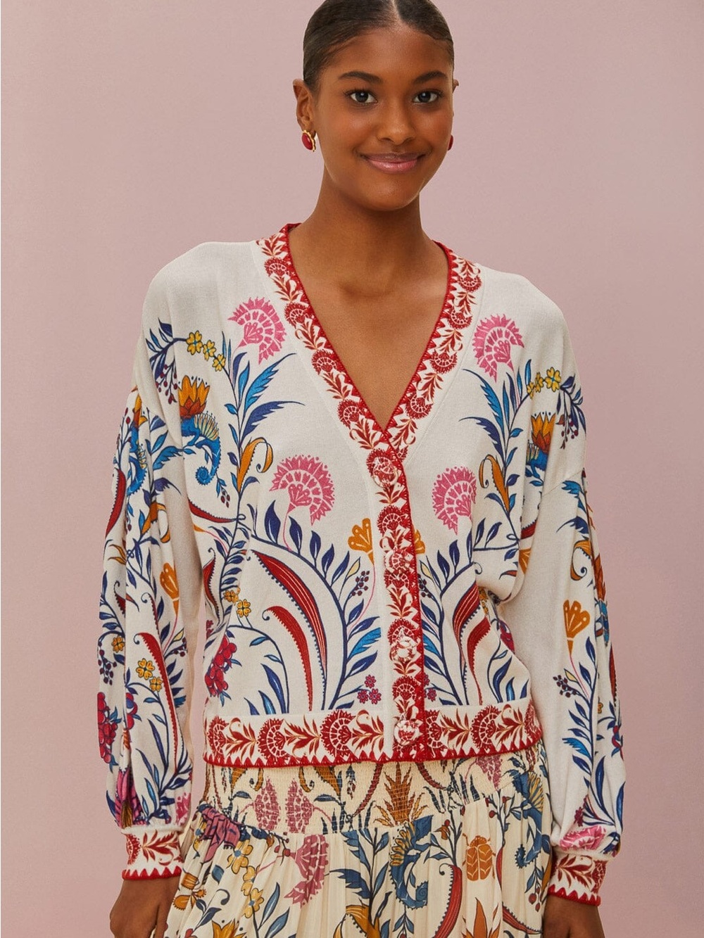 FARM Rio Ivory Cardigan with Red Trim and Pink Floral Accents - Picture 1 of 6